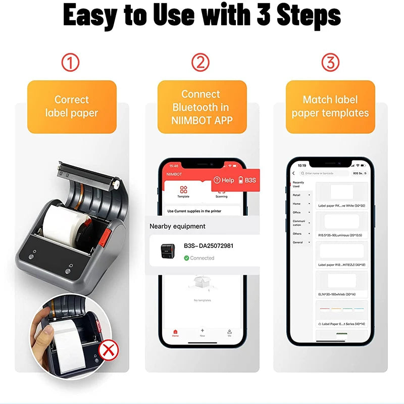 B3S Thermal Label Printer, Bluetooth Wireless Barcode Sticker Maker 20–75mm, Portable Inkless Label Printer for Jewelry, Clothing & Business