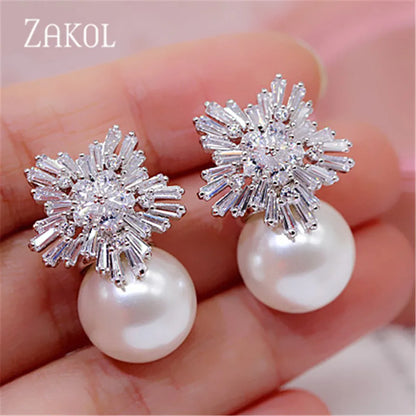 Korea Fashion Round Simulated Pearls Snowflake Drop Earrings