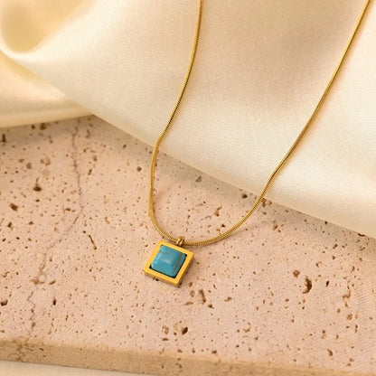 Retro Square Titanium Steel Turquoise Pendant Necklace For Women Girl Ethnic Style Personality Necklace 45 cm