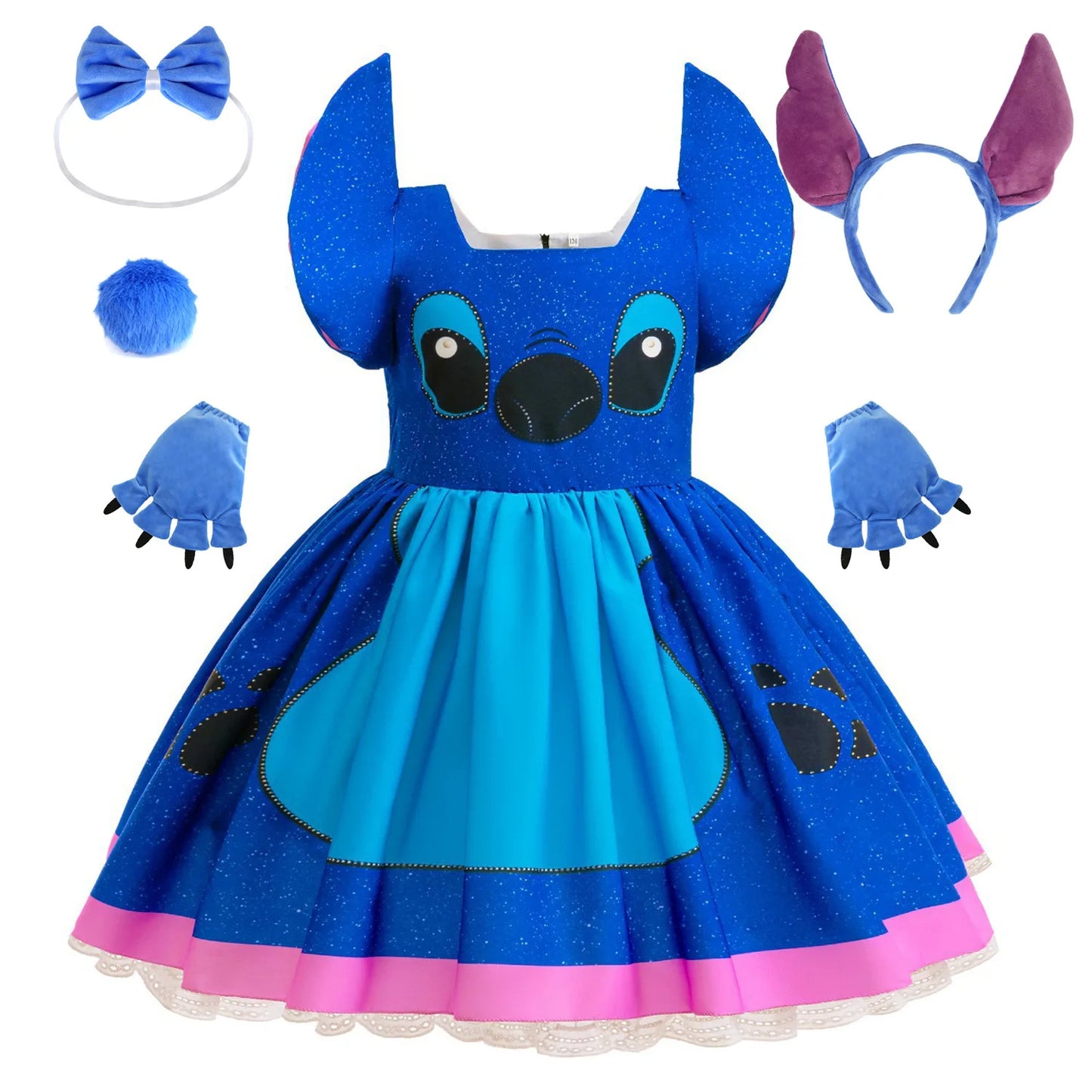 Blue Princess Dress with Cartoon Ear Decor and Glitter Skirt