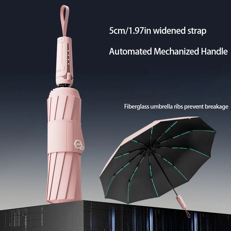 Mechanical Style Fully Automatic Wind Resistant Folding Umbrella Wide Strap Large Coverage