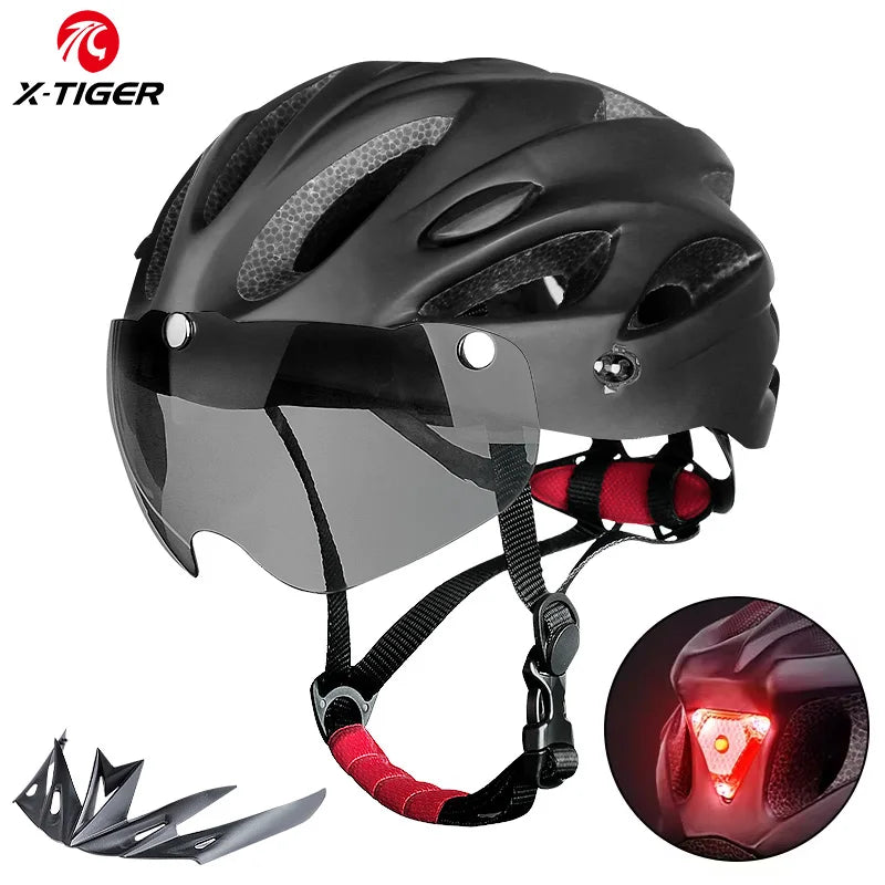 Ultra Lightweight Cycling Helmet With Magnetic Goggles And LED Rear Light