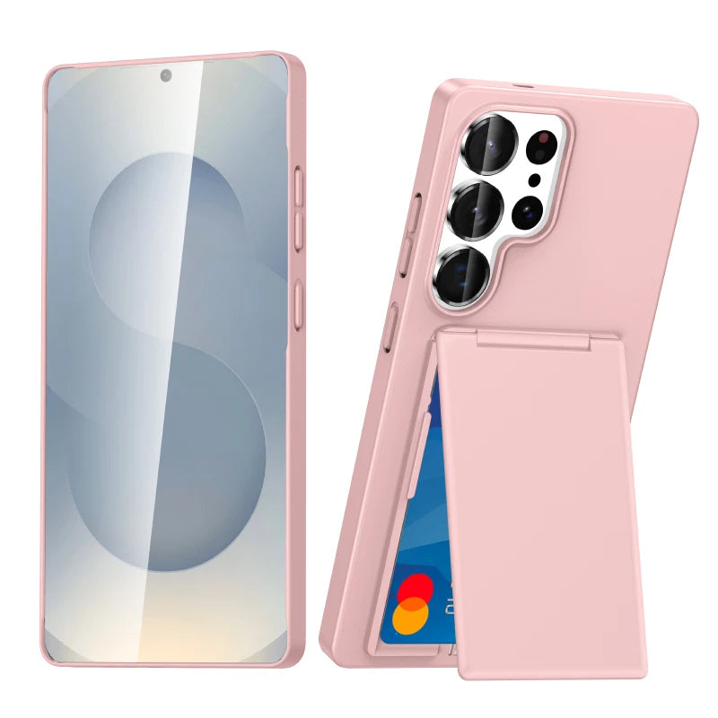 Luxury Solid Color Matte Wallet Card Slot Bracket Phone Case For Samsung S25 Ultra Edge S23 S24 Ultra Plus Bumper Back Cover