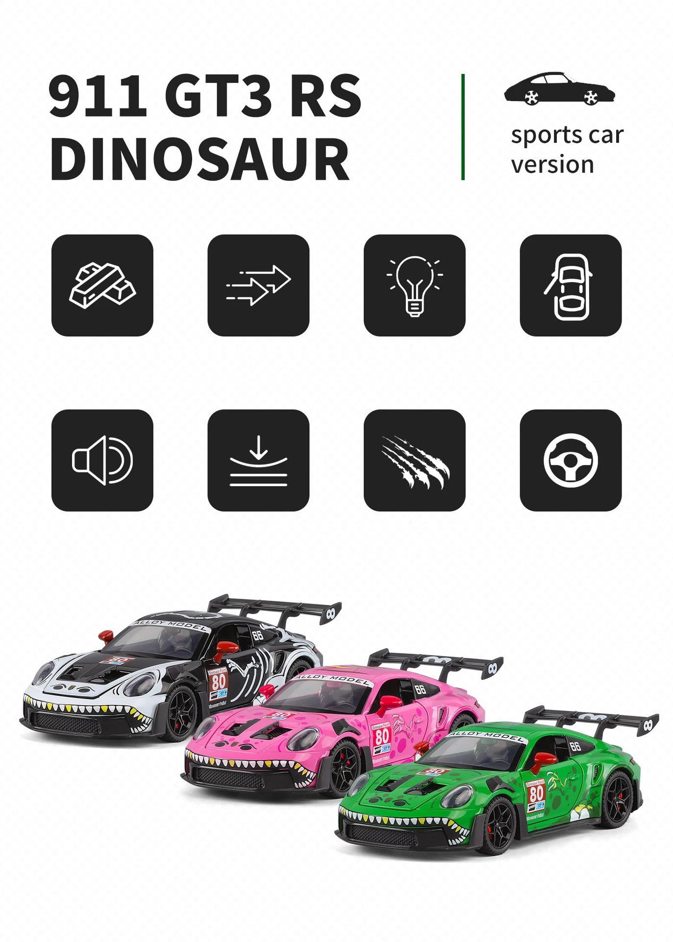 1 32 Scale 911 GT3 RS Dinosaur Modified Diecast Pull Back Model Car with Sound and Light