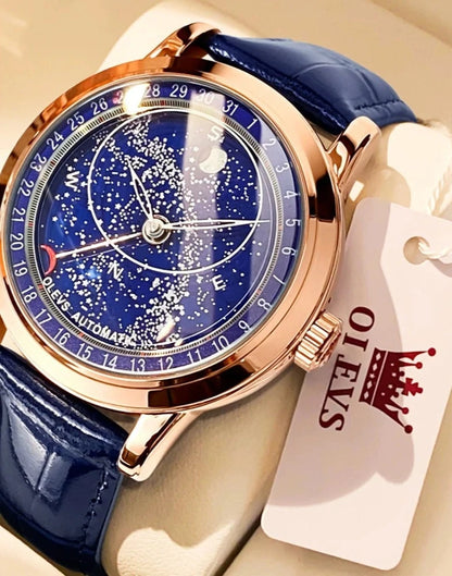 Automatic Mechanical Watch Rotate Moon Phase Diamond Dial Luminous Waterproof Blue Leather Strap Men's Wristwatch