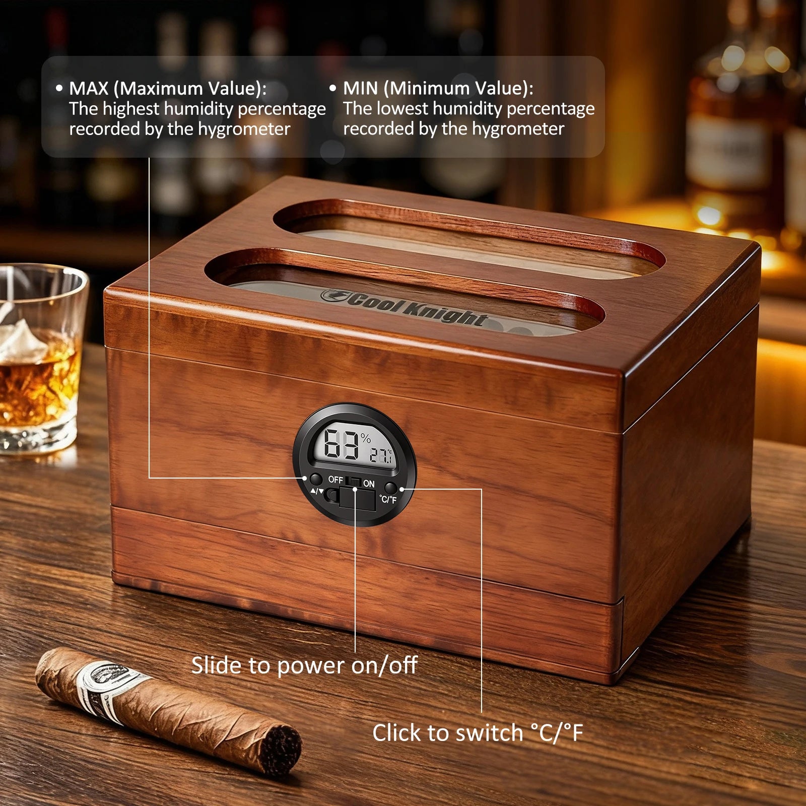 Cigar Humidor with Digital Hygrometer, Humidifier and Accessory Drawers, Glass Top Spanish Cedar Humidor, Holds 20-35 Cigars