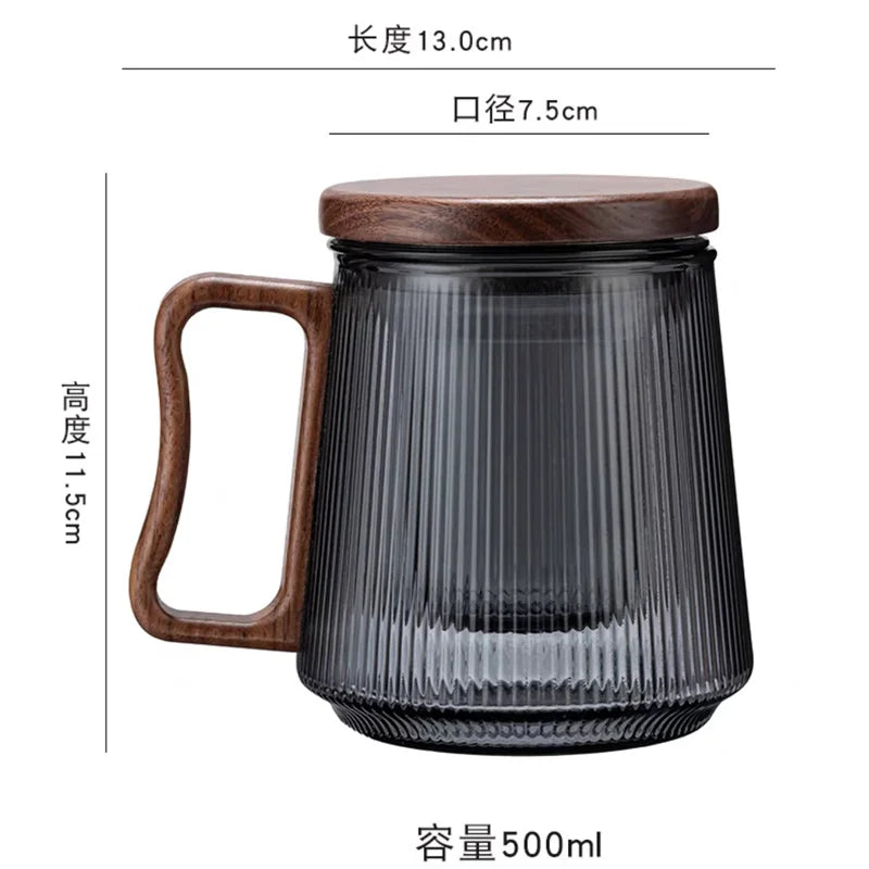 500ML Stripe Heat Resistant Glass Tea Water Separation Tea Cup With Wood Handle Filter Brewing Puer Cups Kung Fu Tea Mug Set