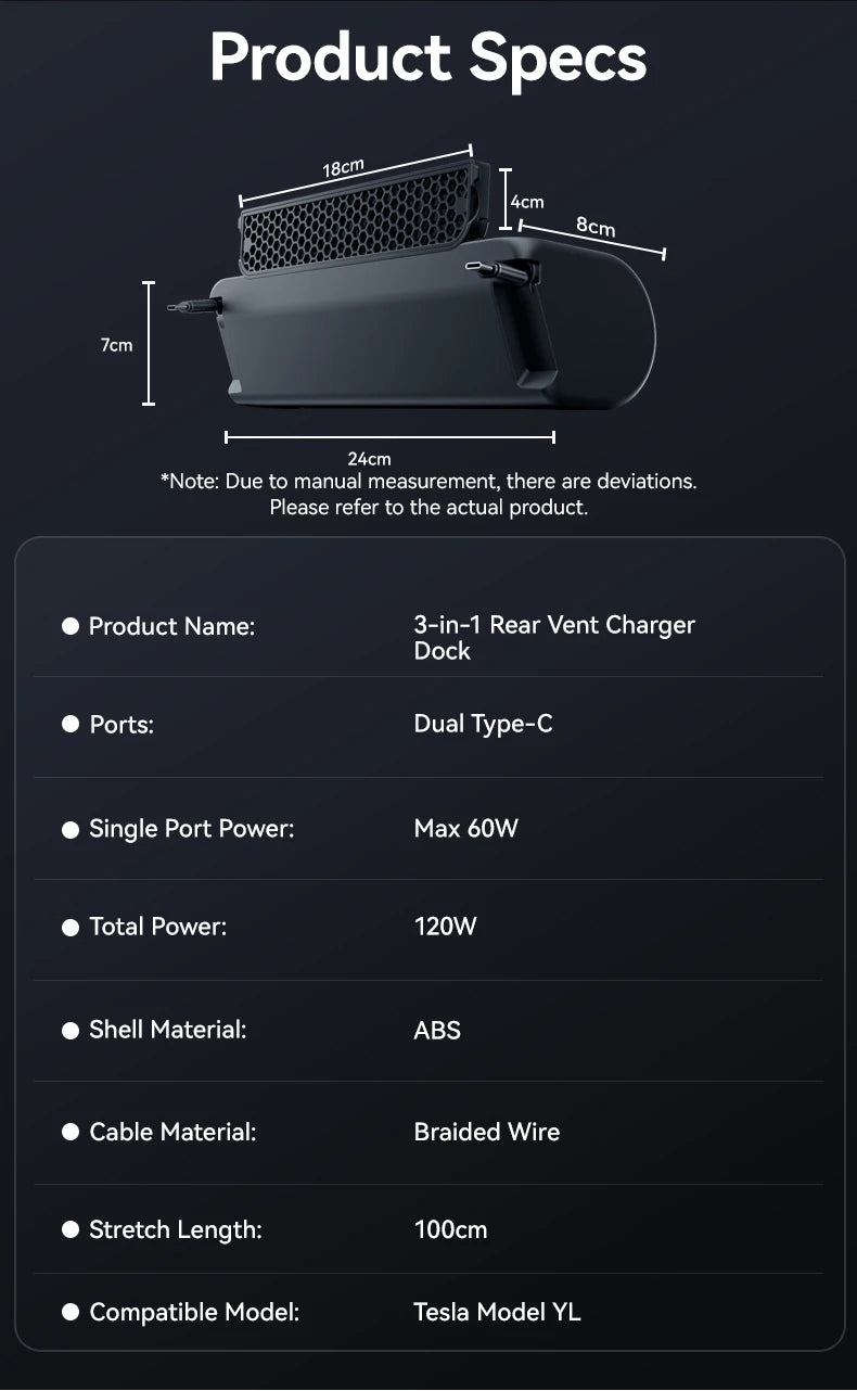 3 in 1 Rear Air Vent Docking Station with 120W Fast Charging for Tesla Model YL 2026