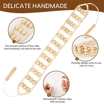 2 PCS Wood Therapy Massage Tools, Portable Manual Wooden Massage Wood Back Massage Roller Rope, Wood Massager Handheld Roller