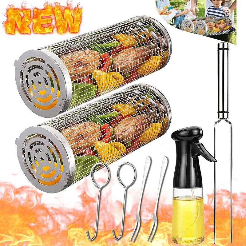 BBQ Basket Stainless Steel Rolling Grilling Basket Wire Mesh Cylinder Grill Basket Portable Round Outdoor Camping Barbecue Rack