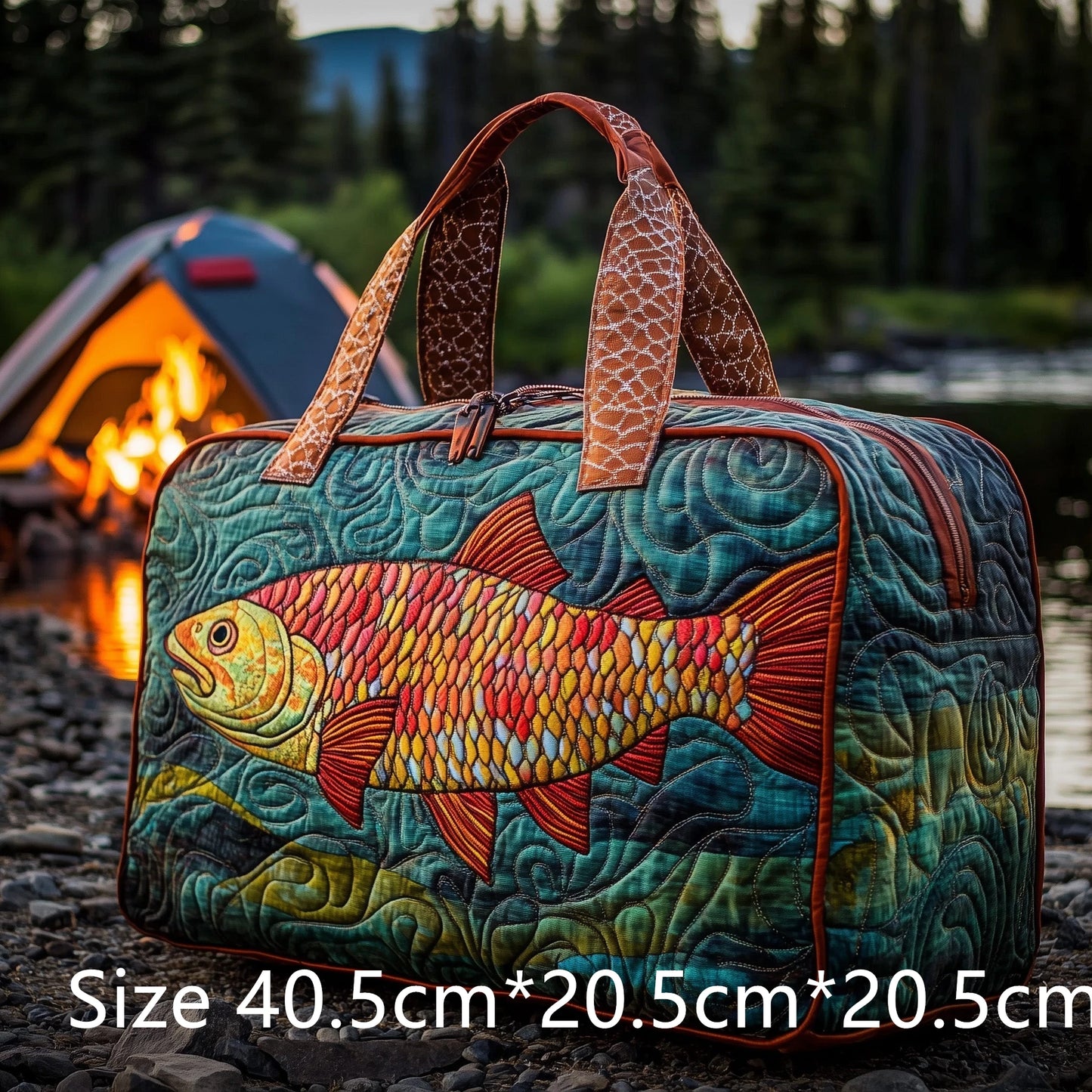 Trout Fishing Quilted Duffel Bag Outdoor Waterproof Gear Bag with 3D Fish Printed Camping Weekender Bag for Anglers Men's Gift