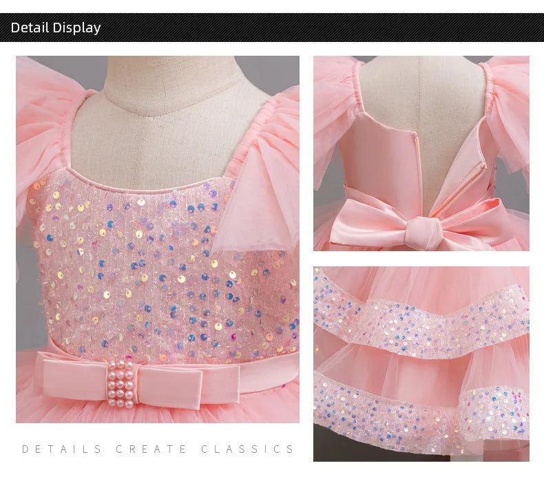 Sparkling Girls' Evening Gown - Sequin Dress with Train for Birthday Party & Piano Recital