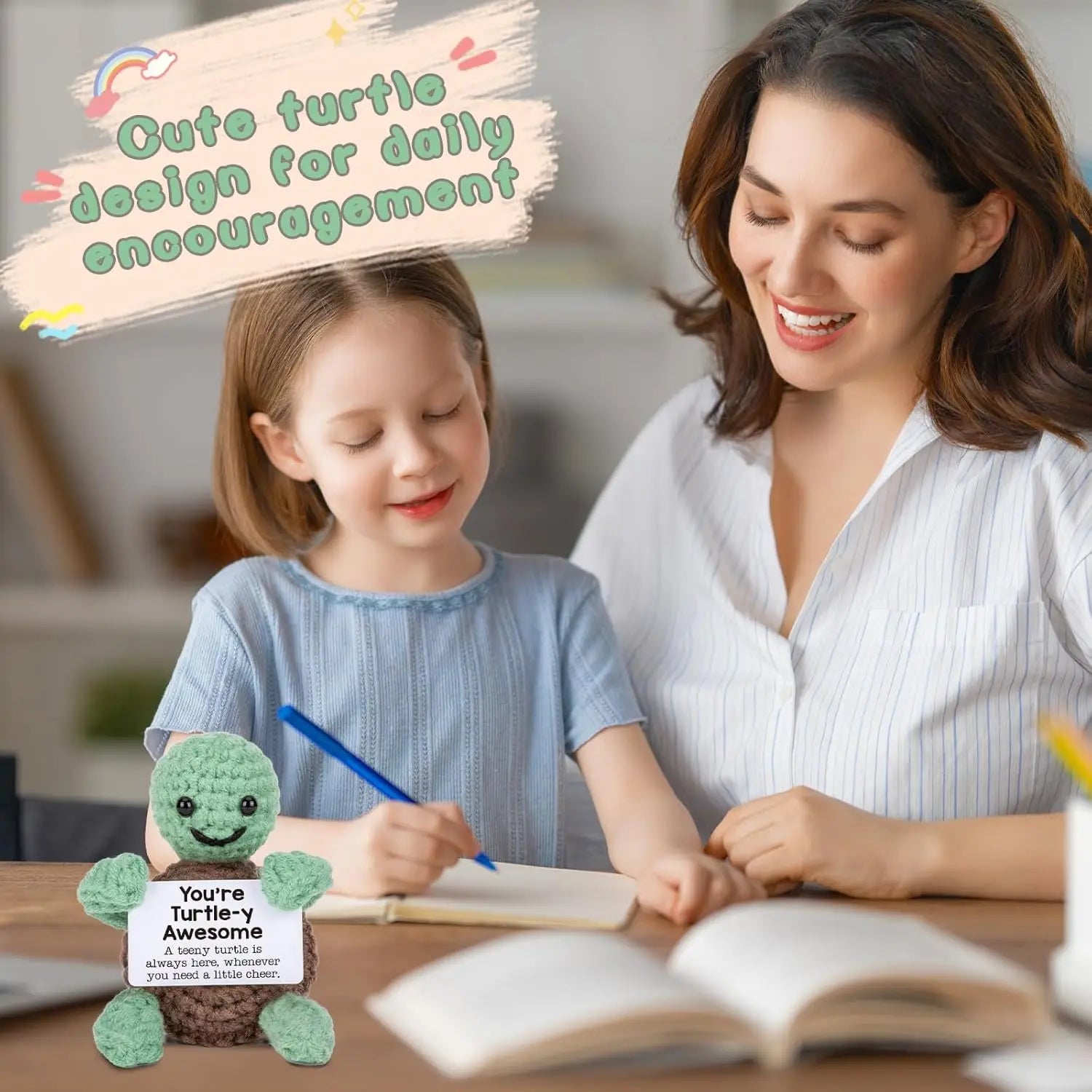 3 Pcs Cute Handmade Knitted Emotional Motivational Turtle Doll Home Room Decoration Funny Crochet Turtle With Positive Card Ornament