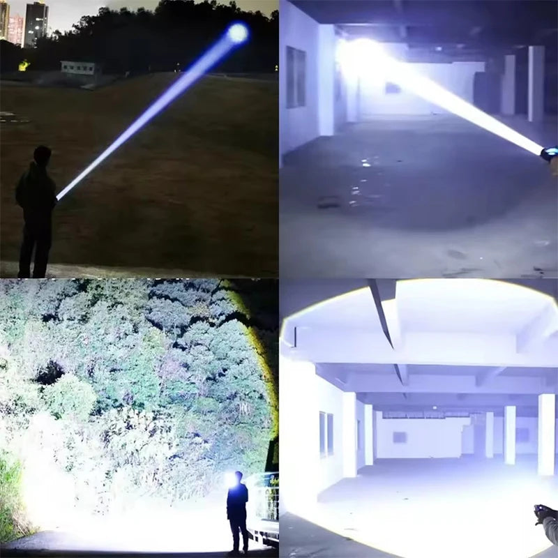 High Power Flashlight Super Big Flashlight Rechargeable Most Strong LED Flash Light Long Range Torch Outdoor Built in Battery