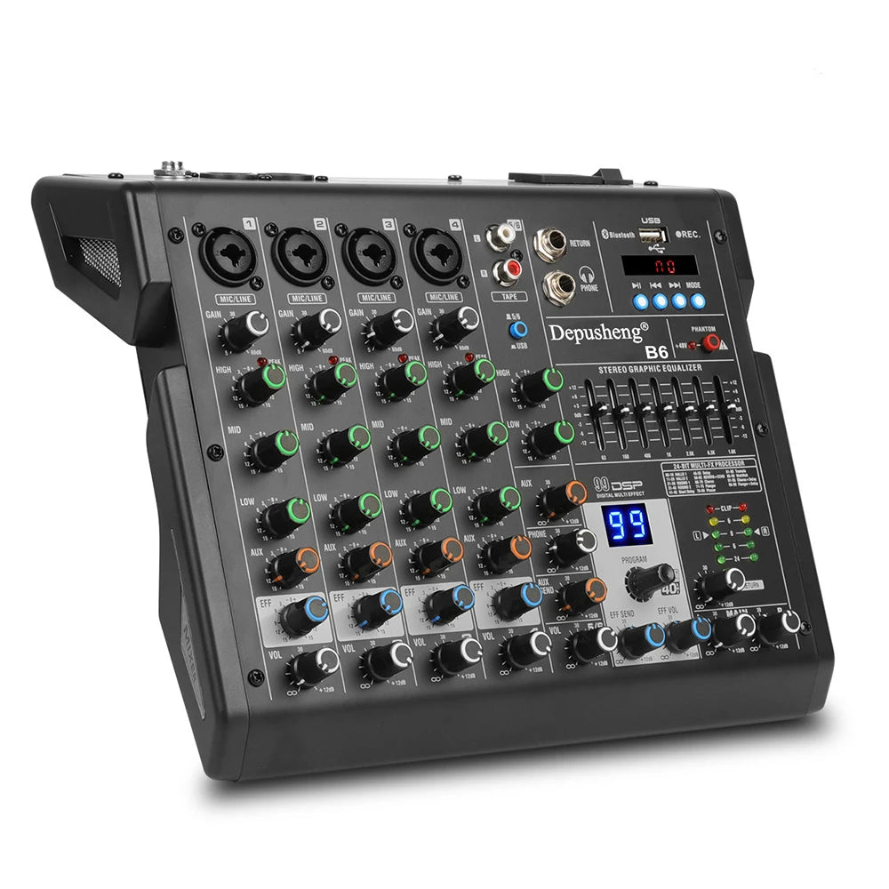 4 Channels Audio Mixer Depusheng B4 Sound Table Professional DJ Mixing Console Built in 99 DSP Digital Effects 48V Phantom Power