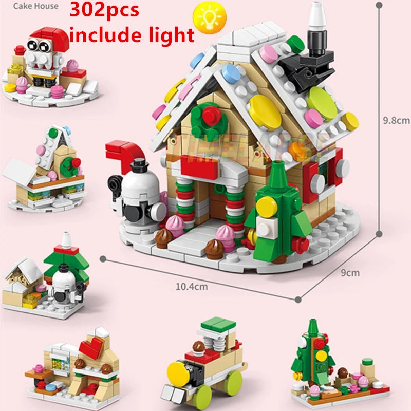 DIY 8in1 Lights Christmas Elk Deer Santa Claus Train Architecture Store Street View Xmas Tree Snow House Building Block Kit Toy