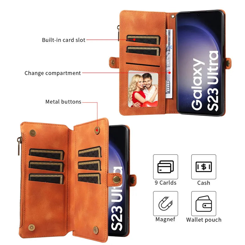 Luxury Leather Flip Wallet Case with Lanyard for Samsung Galaxy S26 / S25 / S24 / S23 Ultra & Plus – Magnetic Full Coverage Phone Bag Cover