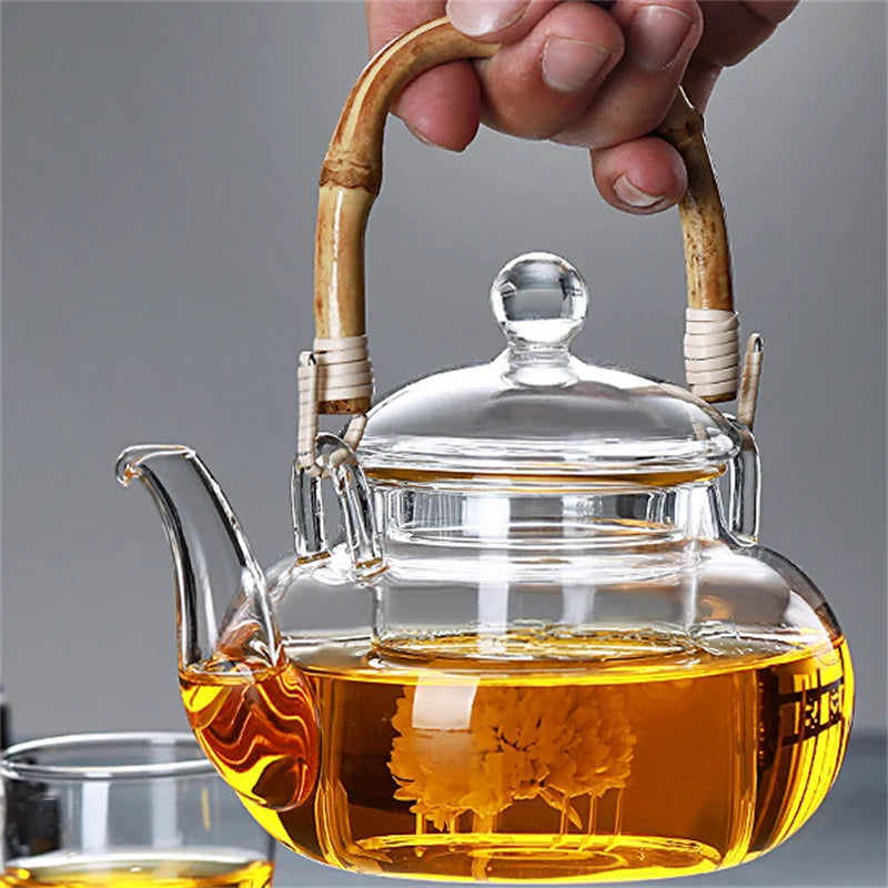 600ML Borosilicate Glass Teapot With Bamboo Handle Household Convenient Heated Tea Kettle with Filter Kung Fu Flower Tea Pot