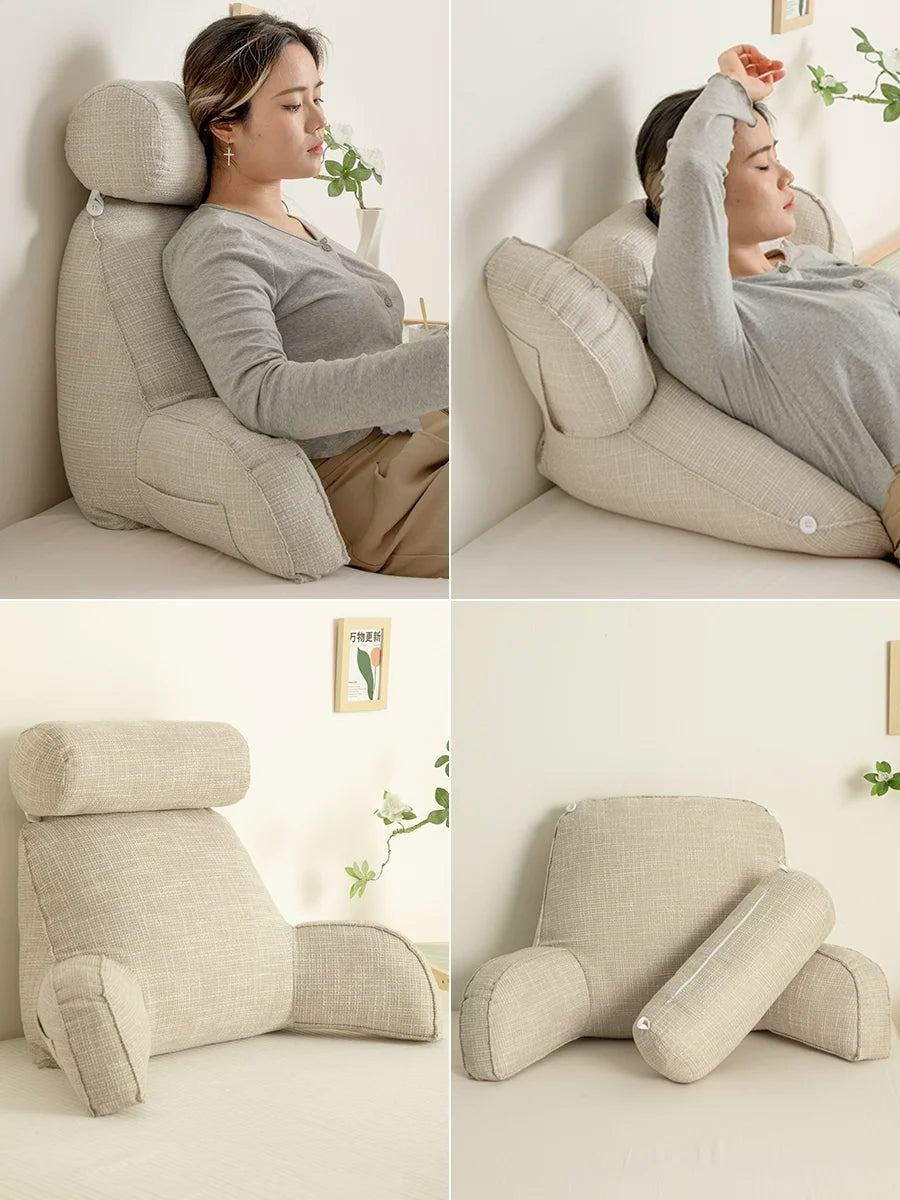 Reading Study Pillow,Bed Wedge with Arms and Pockets Bolster Back Support, Lumbar for Sofa,Office Chair Decorative Pillow