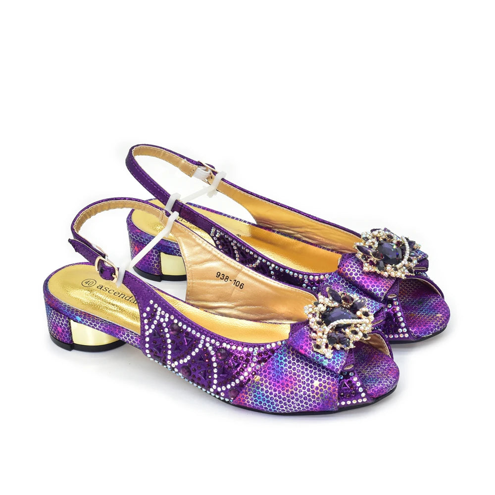 Pattern Popularity Newest Sandals Ladies Shoes and Bag Set Full Diamond Fashion Design Purple Color Pumps for Wedding Party