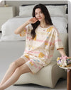 2-Pcs Women’s Cotton Pajama Set – Breathable Short Sleeve Summer Sleepwear with Cute Prints