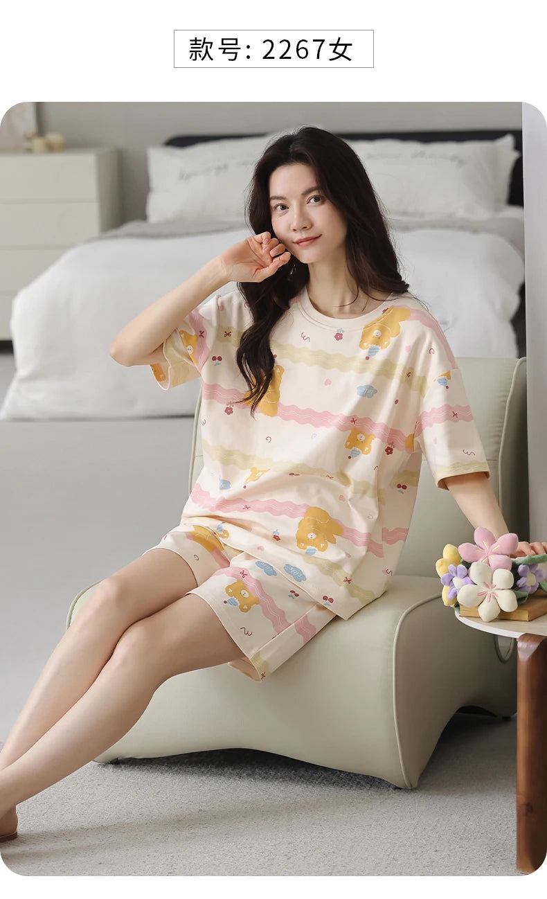 2-Pcs Women’s Cotton Pajama Set – Breathable Short Sleeve Summer Sleepwear with Cute Prints