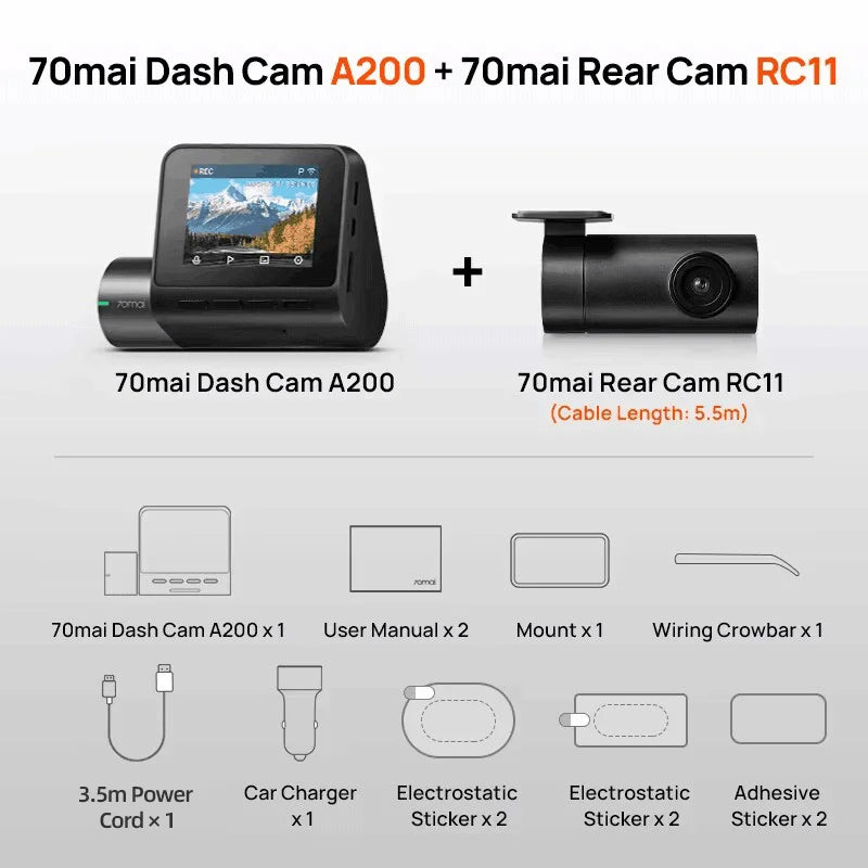 Dash Cam A200 Dual Channel 1080P HDR Car DVR – 2" IPS Screen, WiFi App Control, 130° Wide Angle, 24H Parking Monitor