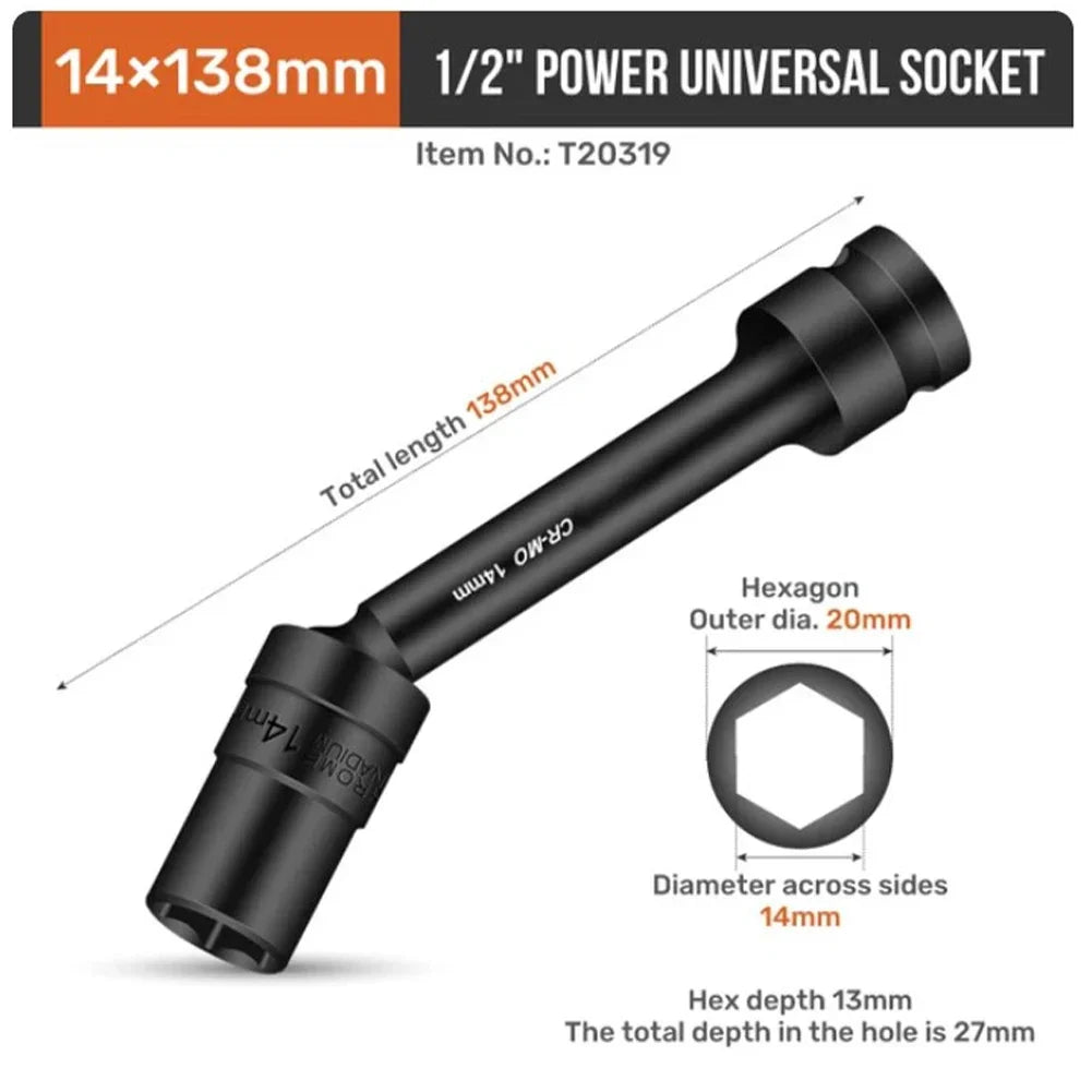 Impact Swivel Hex Socket Head Adapter 1/2-Inch Drive Universal Joint Cr-Mo Steel Spanner Converter 12-19mm
