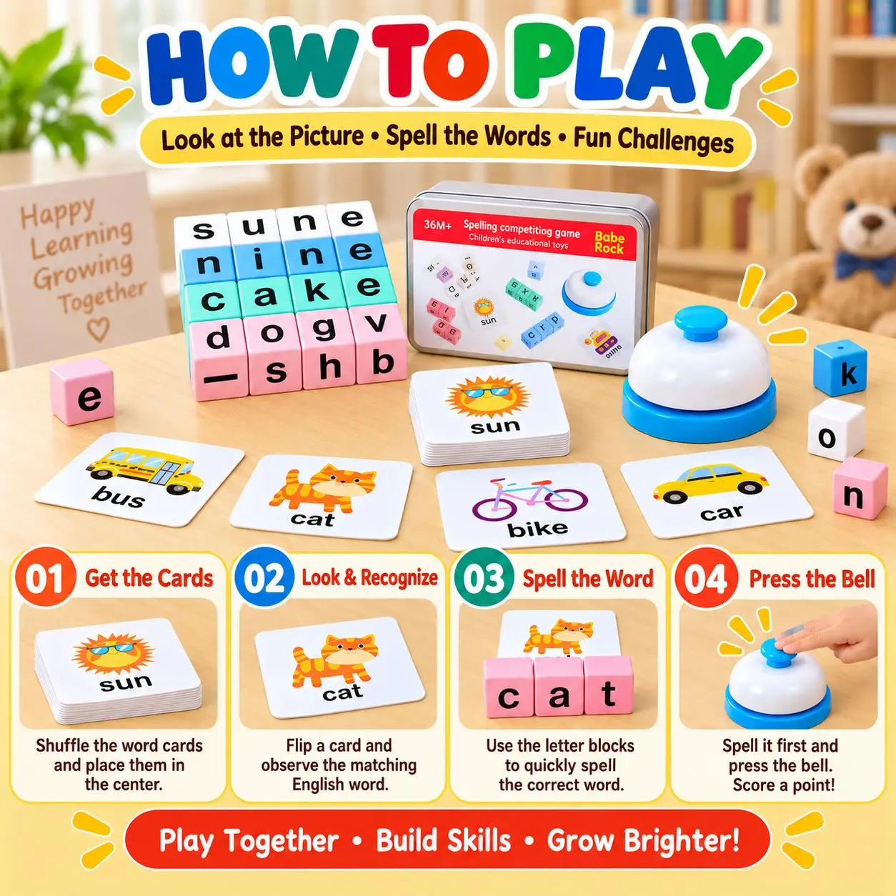 Wooden Alphabet Word Spelling Game with Flash Cards