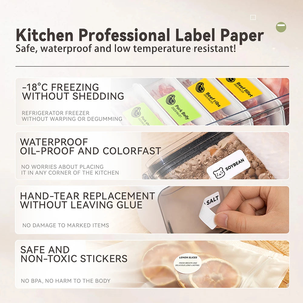 B21 Kitchen Label Printer, Bluetooth Wireless Thermal Label Maker 20–50mm, Inkless Freezer Sticker Printer for Home & Food Storage