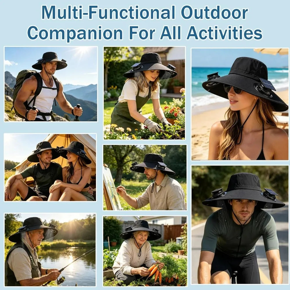 Wide Brim Solar Fan Sun Hat With Dual Fans