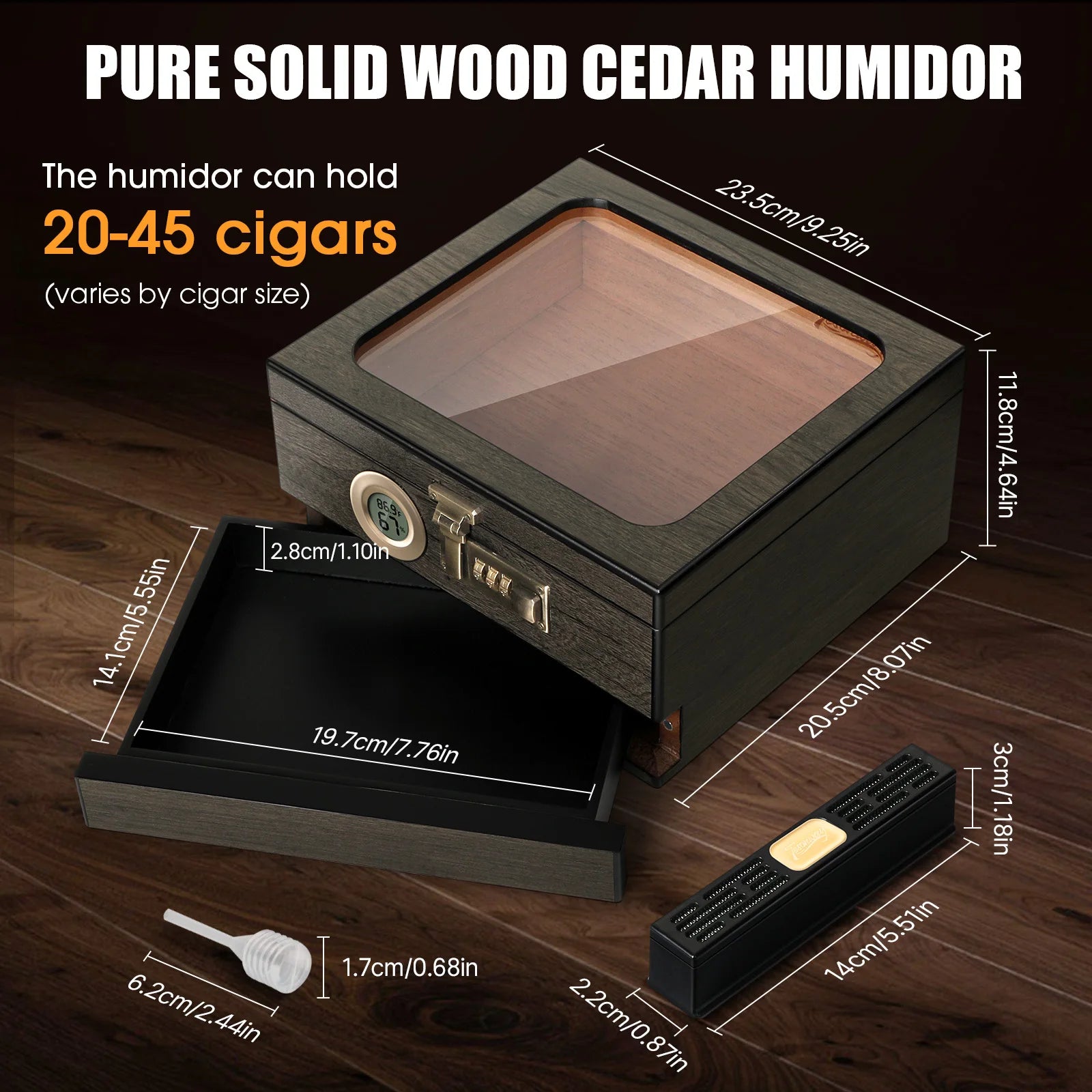 Cigar Humidor, Glass Top Desktop Box with Digital Thermo-Hygrometer, Humidifier, Divider, Accessories Drawer & Combination Lock