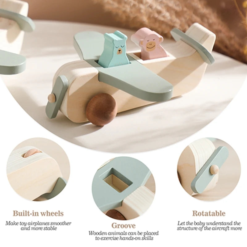 Wooden Airplane Toy For Babies Cartoon Animal Airplane Building Blocks Children's Room Decoration Hand Push The Plane Baby Gift