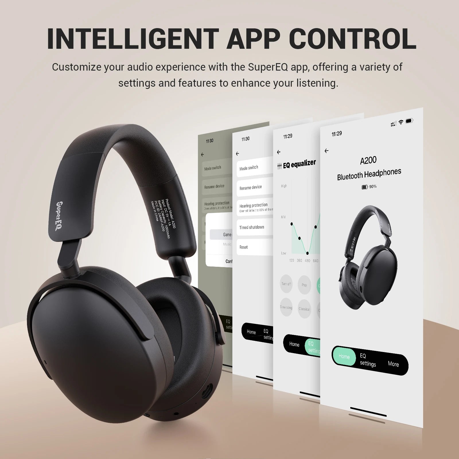 SuperEQ A200 ANC Wireless Bluetooth 5.4 Headphones Active Noise Canceling Over Ear Headset With ENC Mic Hi-Res Audio APP