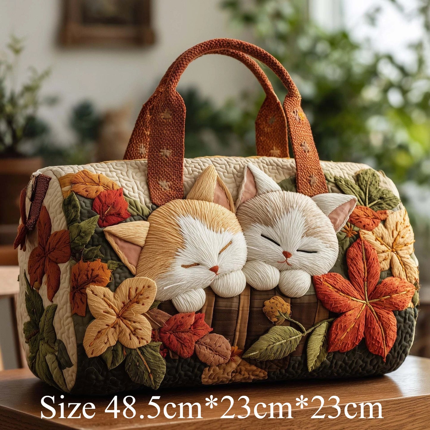 Cute 3D Quilted Cat Tote Bag Halloween Pumpkin Fall Leaves Floral Print Unique Travel Handbag Gift for Cat Lovers Shoulder Purse