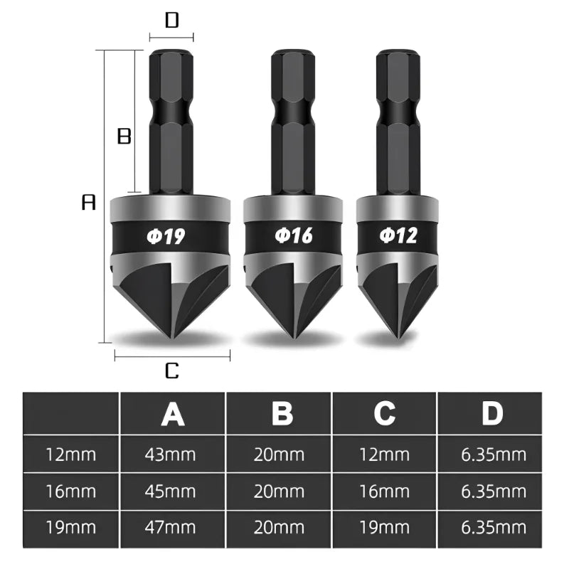 Countersink Drill Bit 3Pcs,Chamfer 90°,Suitable for Wood/Plastic/Aluminum Alloy,Woodworking Tools Countersink