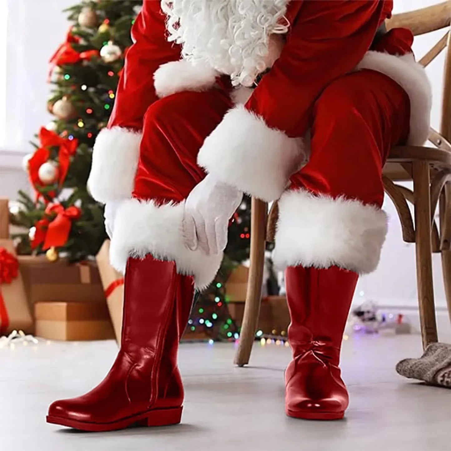 Christmas Santa Claus Boots Cosplay Black Leather Shoes White Plush Cuffs Foot Halloween Christmas Winter Boots