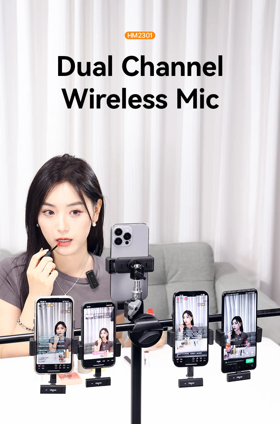 Dual Channel Wireless Mic Microphone for Android iPhone for Live-streaming Video Recording