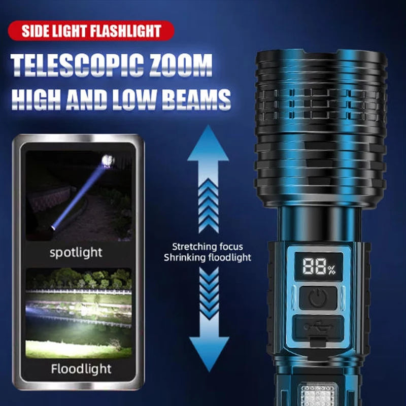 Powerful Rechargeable LED Flashlight With COB Side Light And Zoom