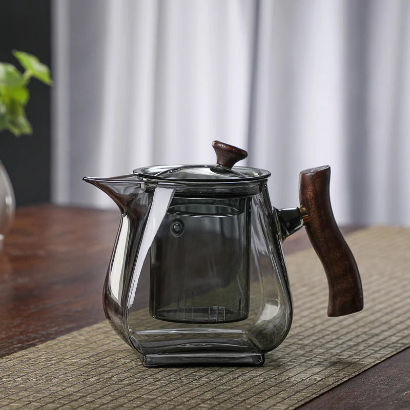 Japanese Style Glass Teapot with Wooden Handle and Infuser