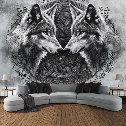 Dark Twin Wolf Totem Tapestry Mysterious Geometric Patterns Dark Style Bedroom Unique Living Room Feature Wall Decor