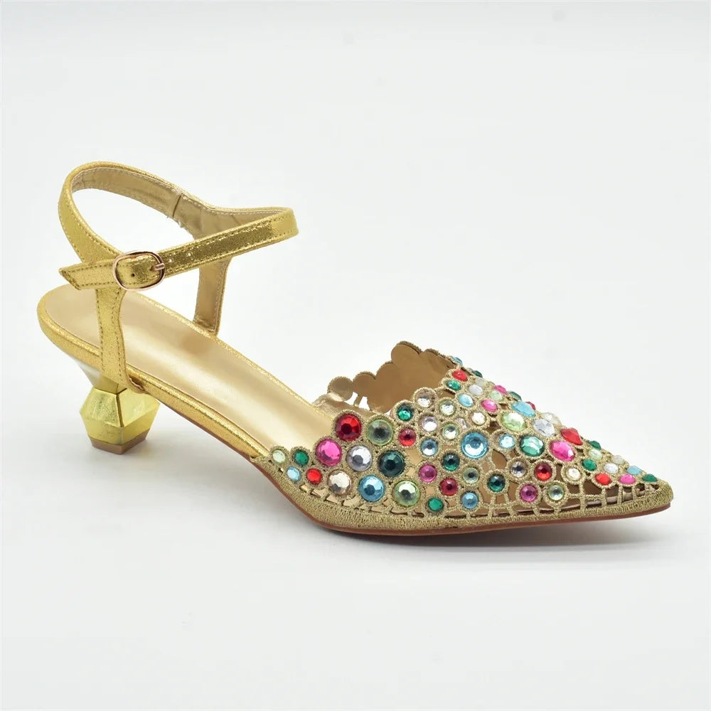 Italian Shoes and Bags Matching Set Rhinestones African Pointed Toe Women High Heel Evening Party Pumps Wedding Shoes Bride