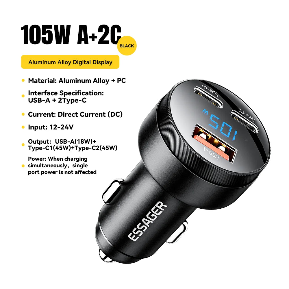 105W USB C Car Charger 3 Port PD 3.0 QC 4.0 Fast Charging GaN Adapter with Digital Display