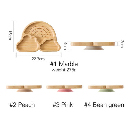 Baby Wooden Tableware Set Sun Bamboo Wooden Plate Bowl Silicone Suction Wooden Handle Fork Spoon for Newborn Feeding Supplies