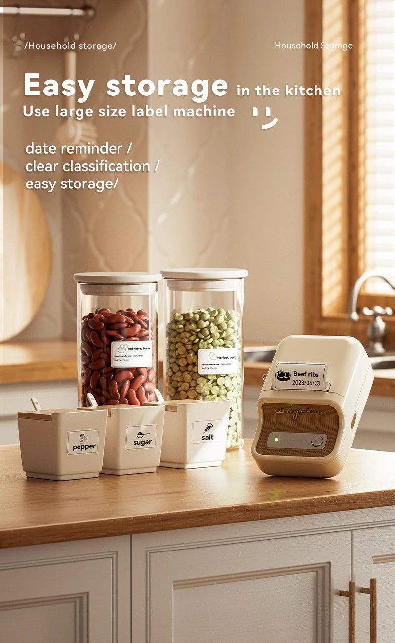 B21 Kitchen Label Printer, Bluetooth Wireless Thermal Label Maker 20–50mm, Inkless Freezer Sticker Printer for Home & Food Storage