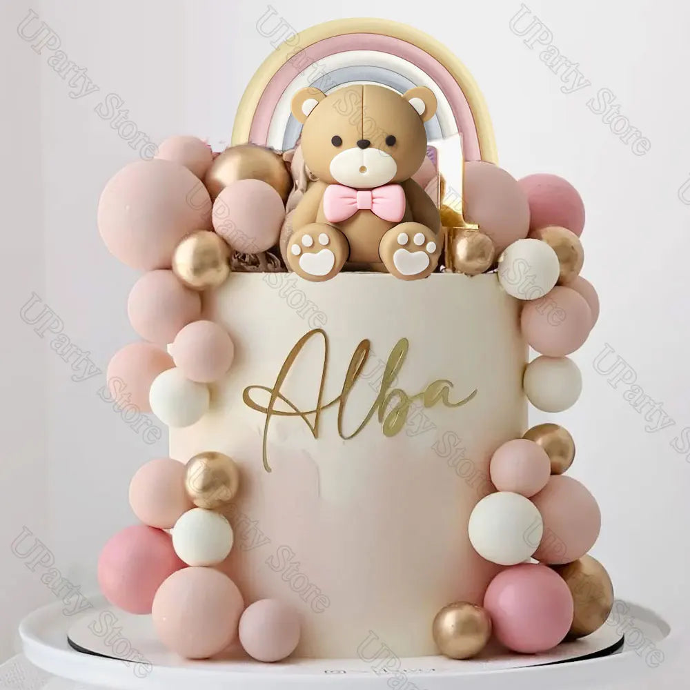 1 Set Pink Bear Cake Toppers Boho Rainbow Nude  Pink Balls Cake Decorations for Birthday Baptism  Shower Party Favor