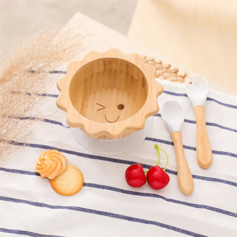 Baby Wooden Tableware Set Sun Bamboo Wooden Plate Bowl Silicone Suction Wooden Handle Fork Spoon for Newborn Feeding Supplies