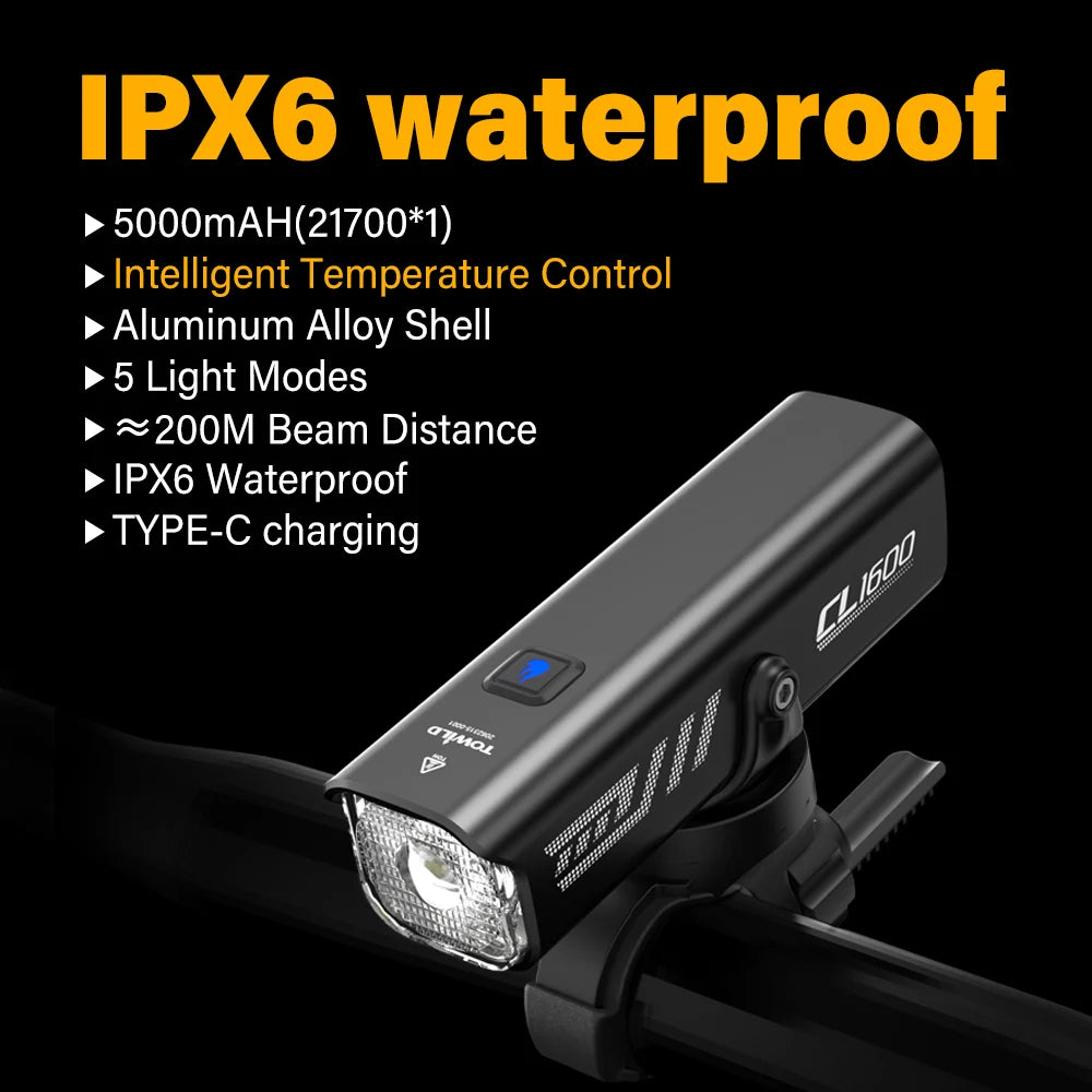 CL1600LM Bicycle Light 5000mAh Bike Light IPX6 Flashlight Aluminum Front Lamp Type-C Charging MTB Road Cycling Headlights