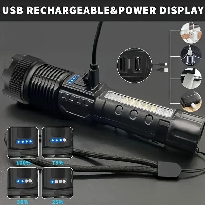High Power Rechargeable LED Flashlight With Zoom And COB Side Light