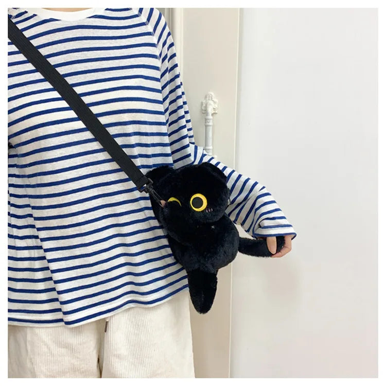 Kawaii Black Cat Plush Backpack Soft Shoulder Bag